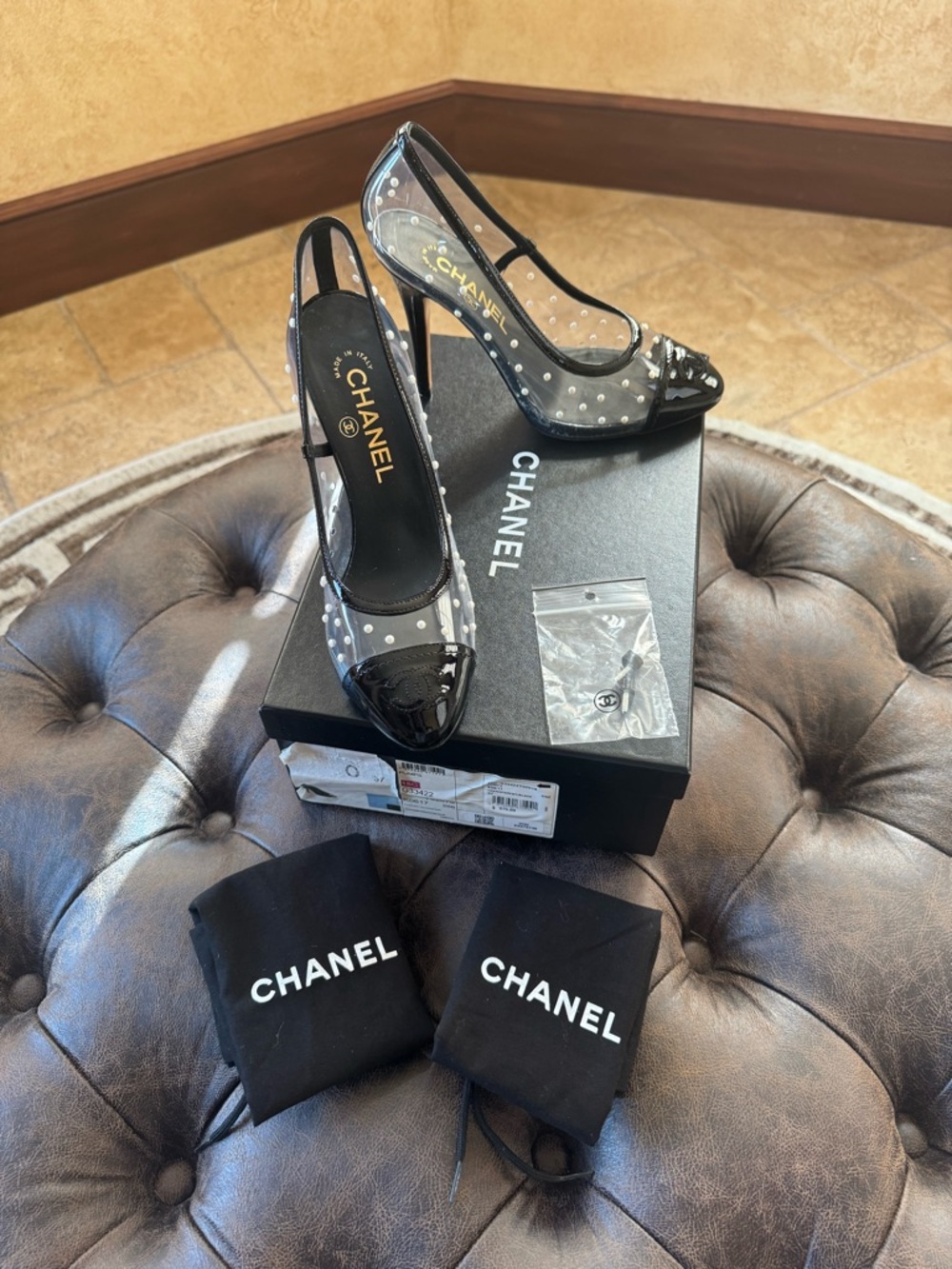CHANEL Black Clear Polka Dot Slingback Patent Toe Heels